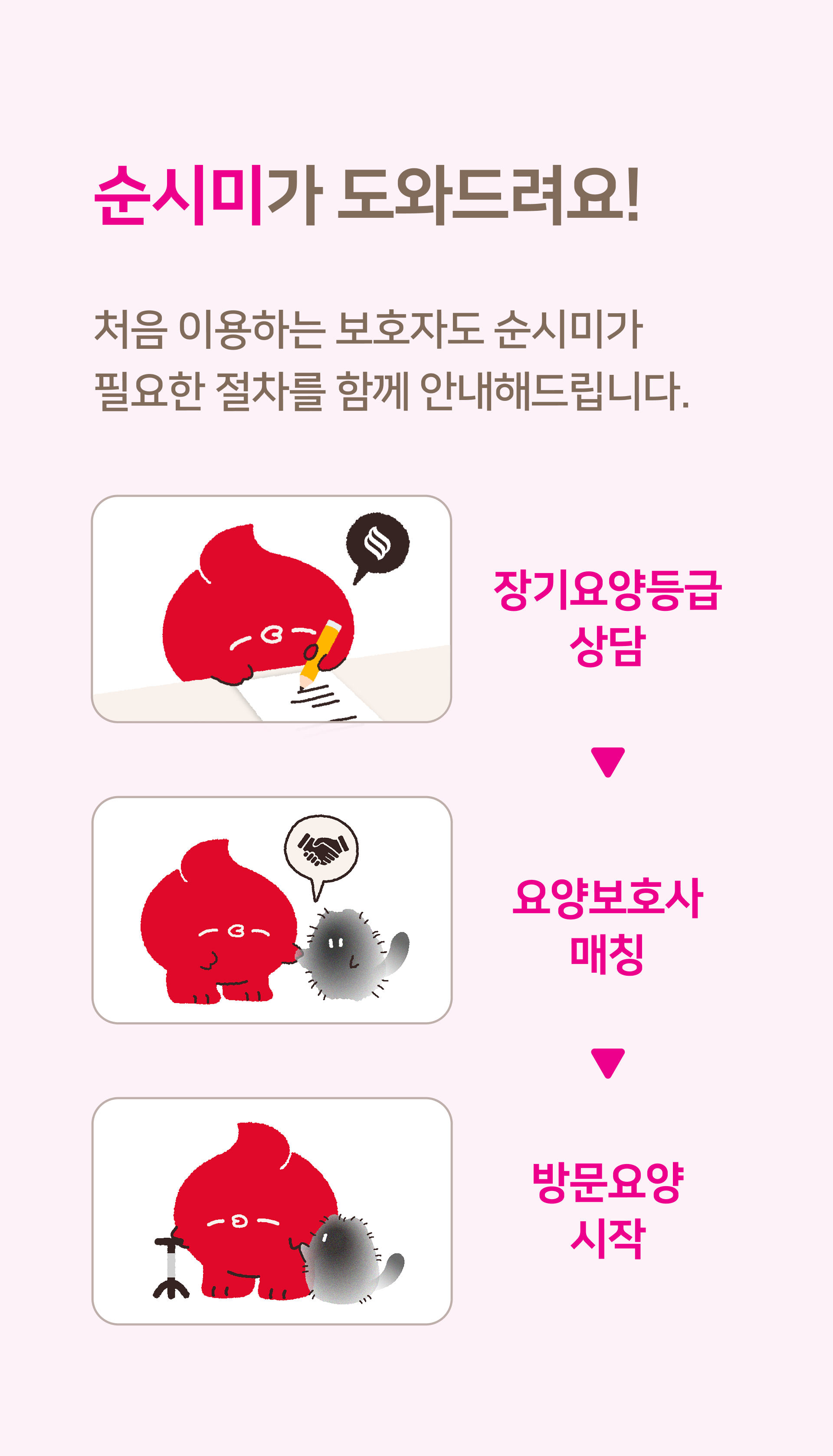 순시미가 장기요양등급상당과 요양보호사 매칭 방문요양을 모두 도와드려요